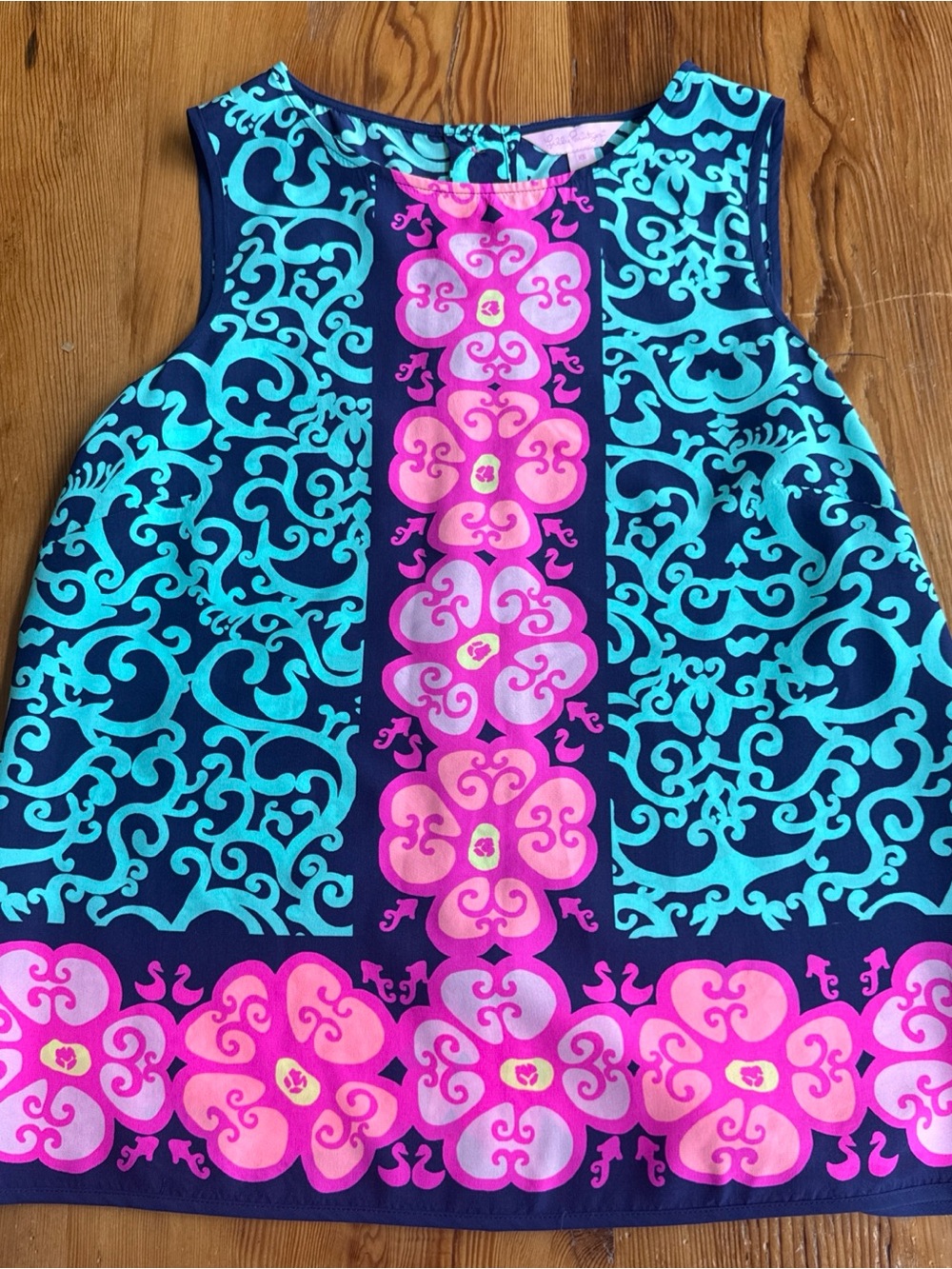 Silk Lilly Pulitzer Navy Tank Top with Turquoise Scrolls and Pink Floral Band